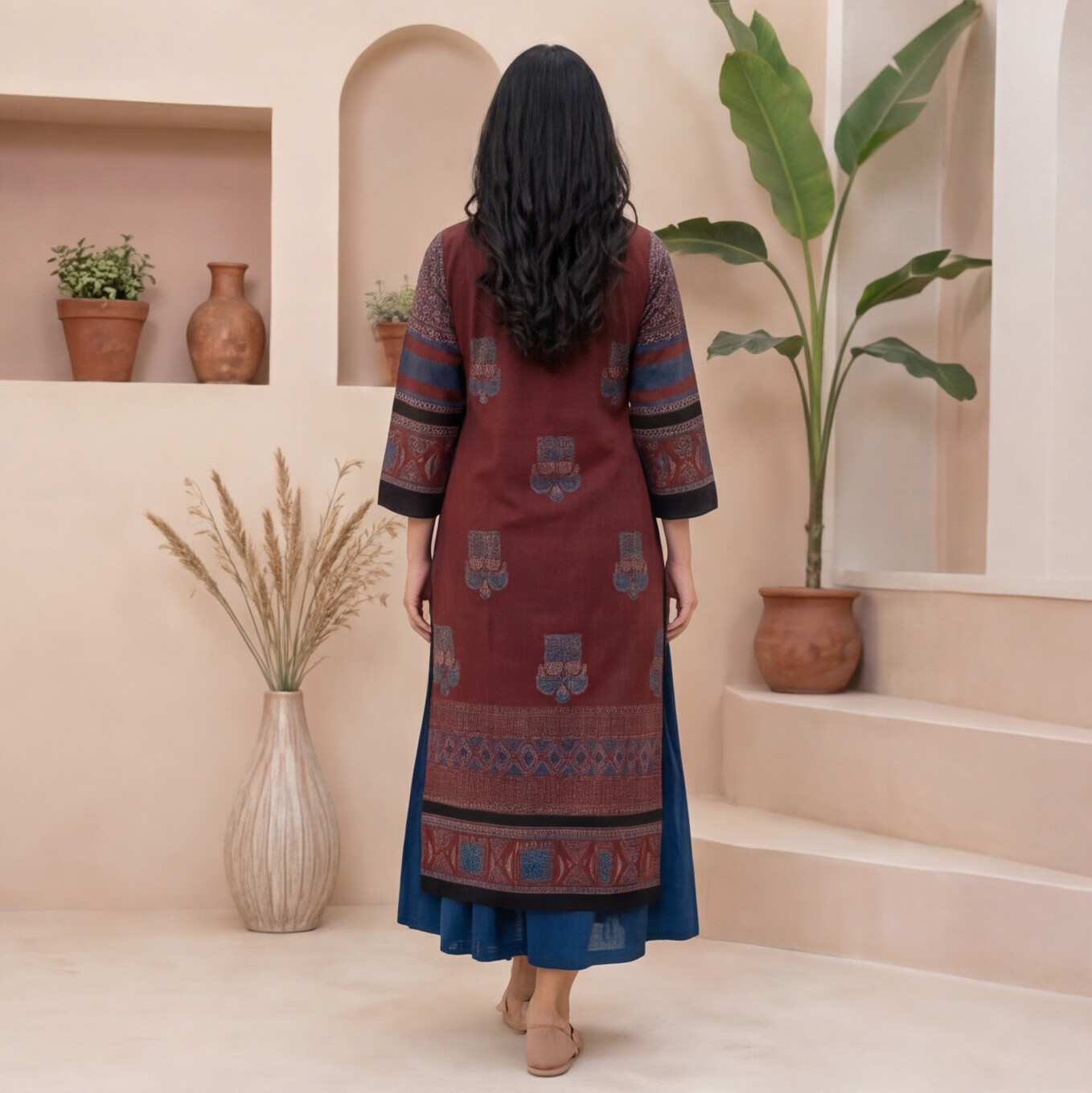Wine Elegance Printed A-Line Kurta Set