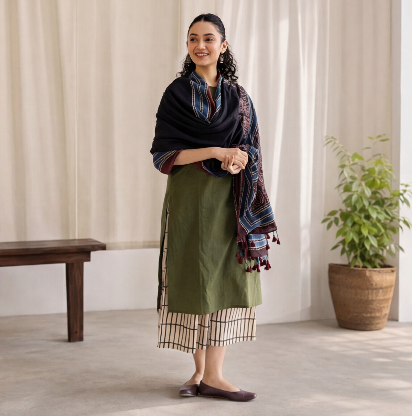 Women's Olive Green Cotton Kurta Set with Designer Printed Dupatta