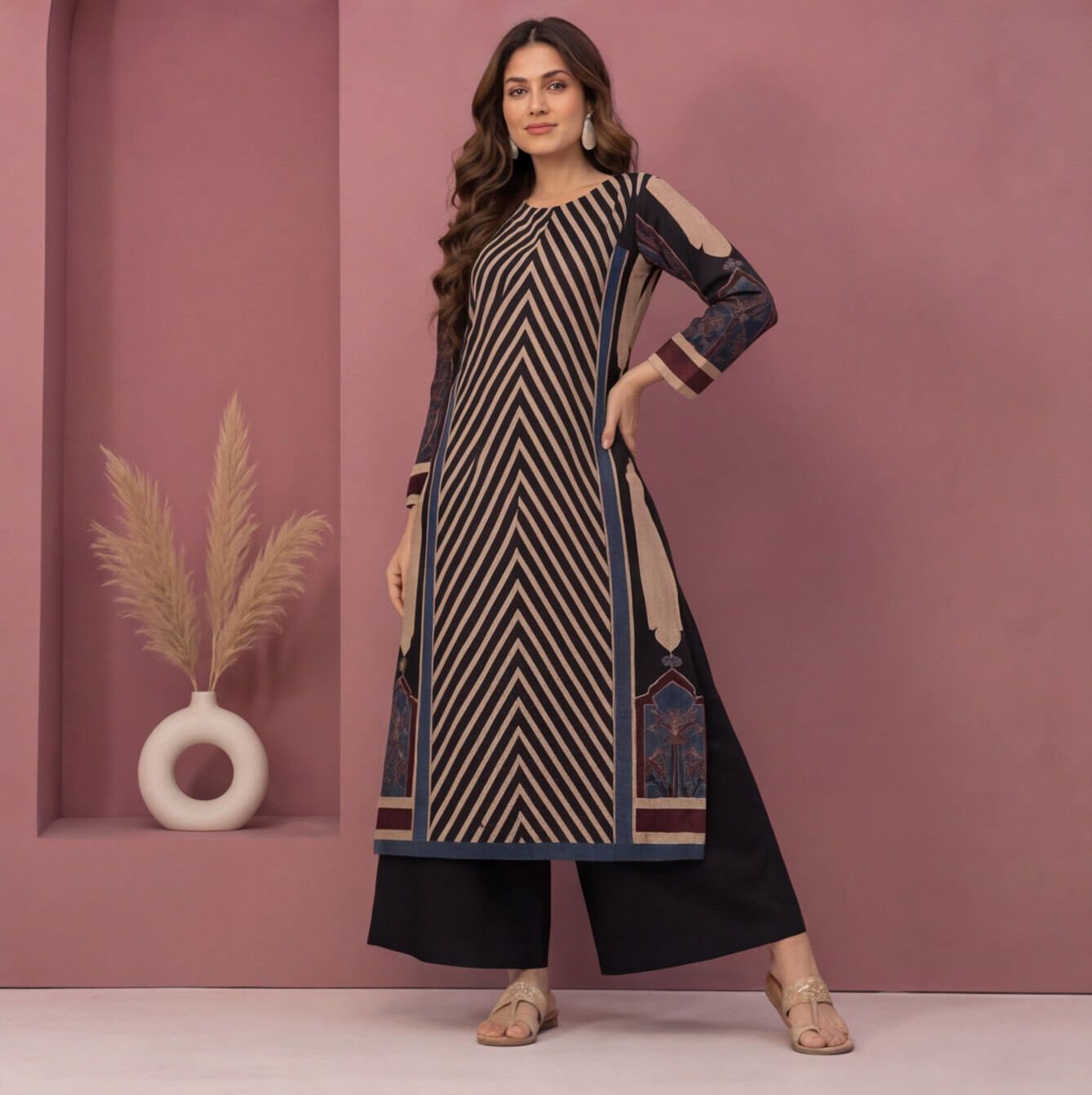 Black & Beige Chevron Printed Straight Kurta Set with Navy Blue Palazzo