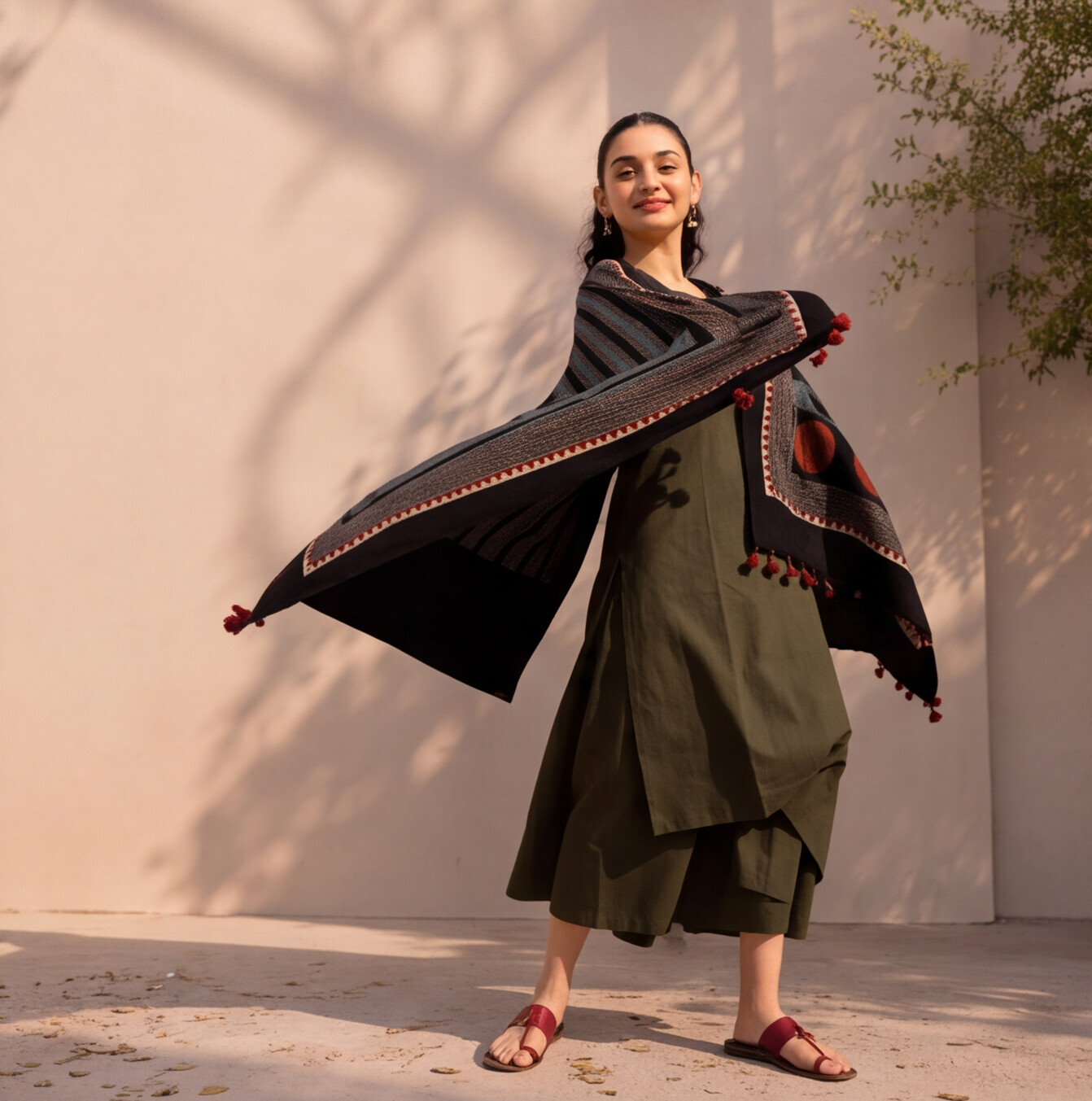 Women's Olive Green Cotton Kurta Set with Designer Dupatta