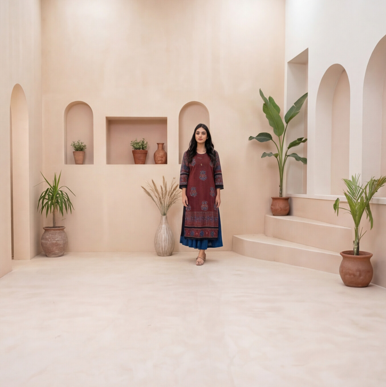 Wine Elegance Printed A-Line Kurta Set
