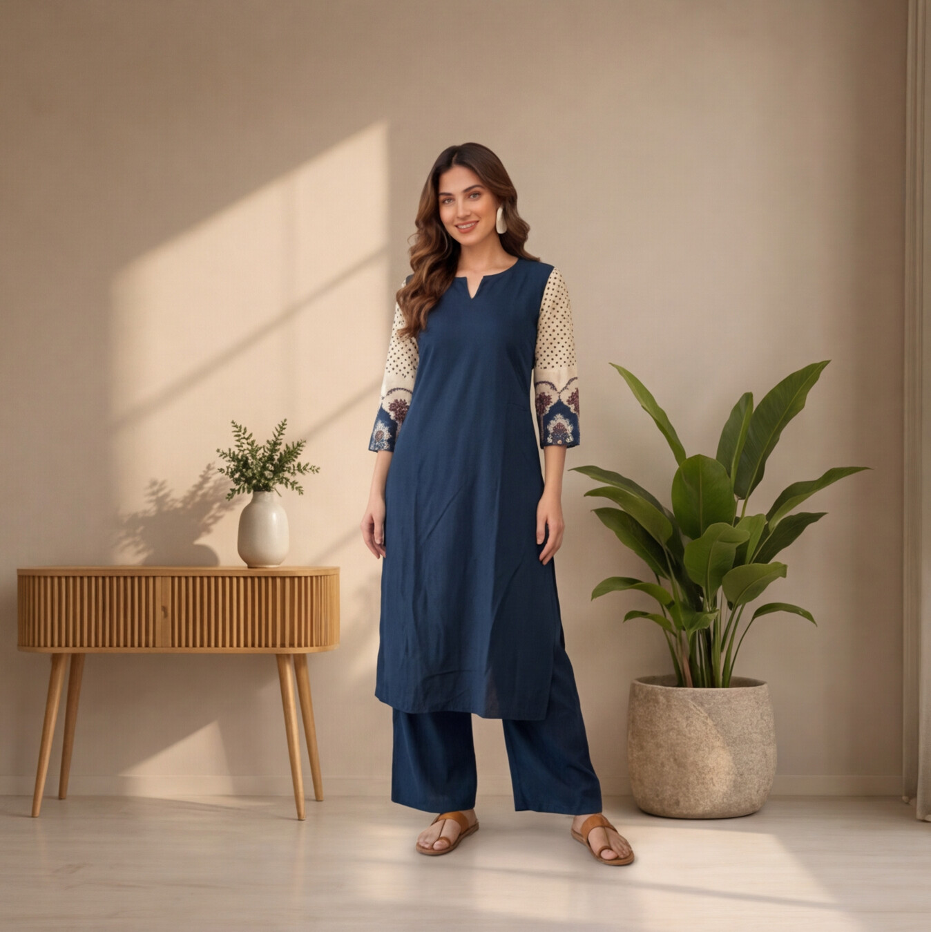 Women's Navy Blue Printed Sleeve Straight Kurta Set