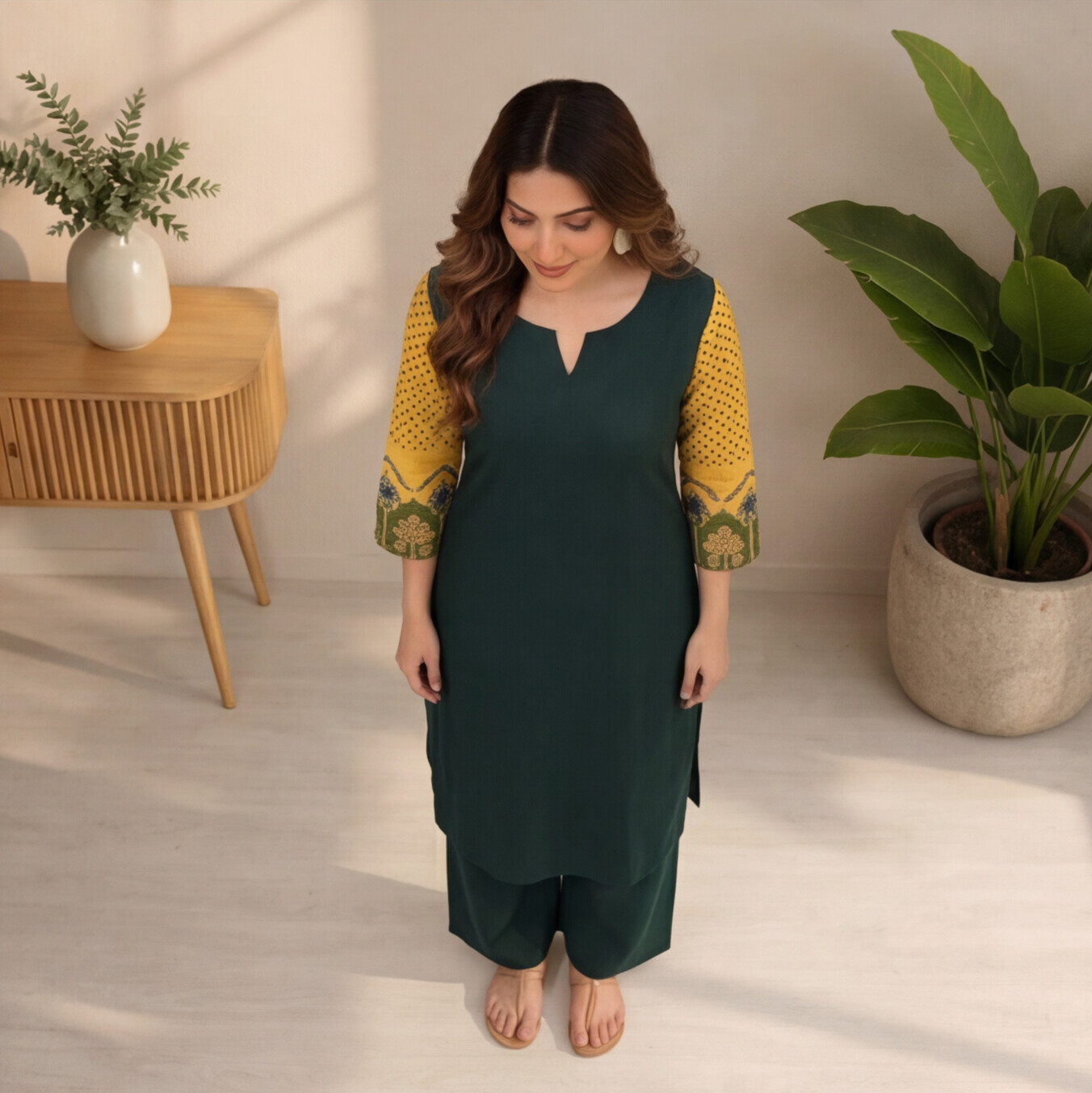 Women's Dark Green Straight Kurta Set with Mustard Printed Sleeves