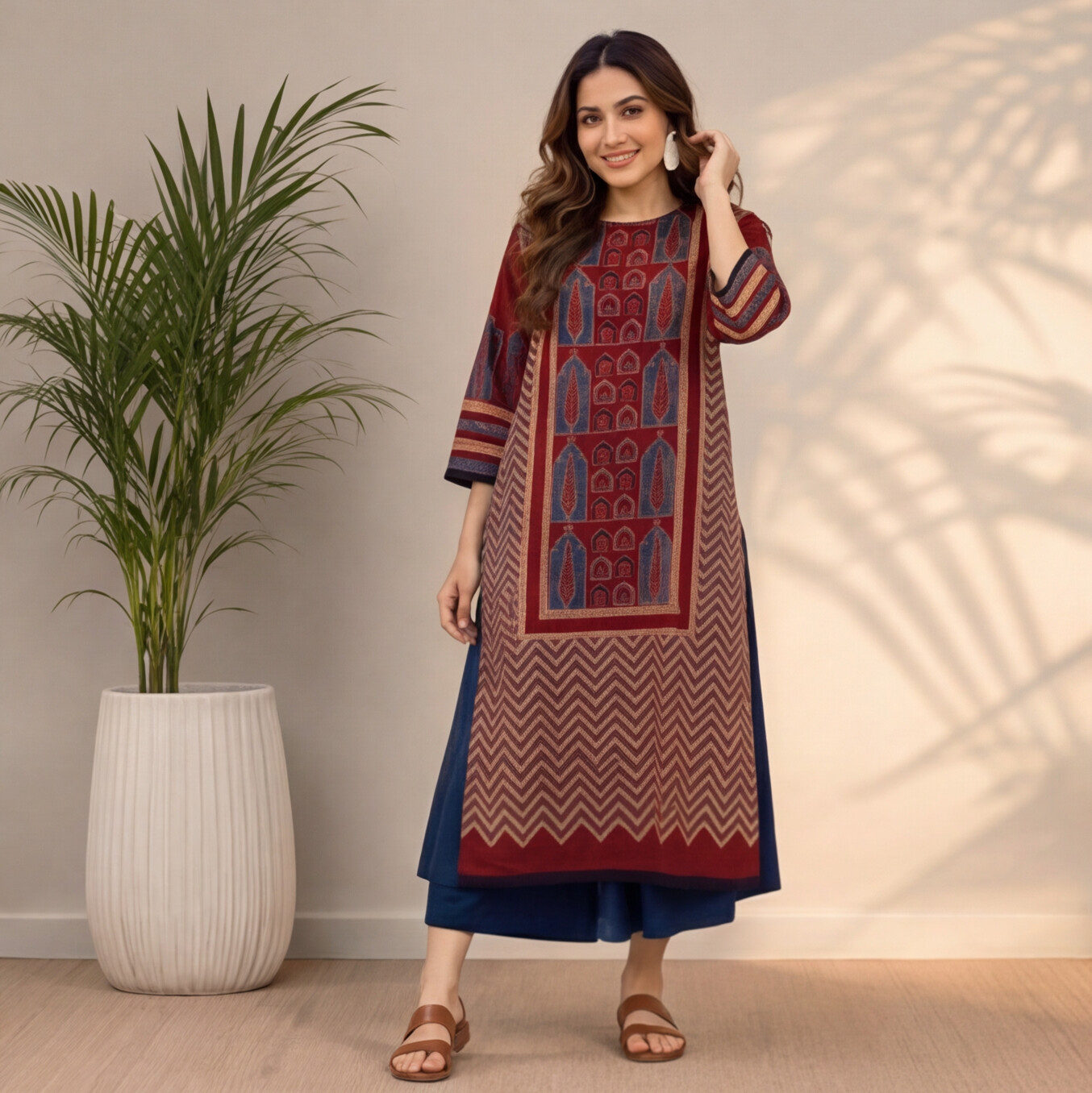Maroon Geometric Printed Straight Kurta Set with Navy Blue Palazzo
