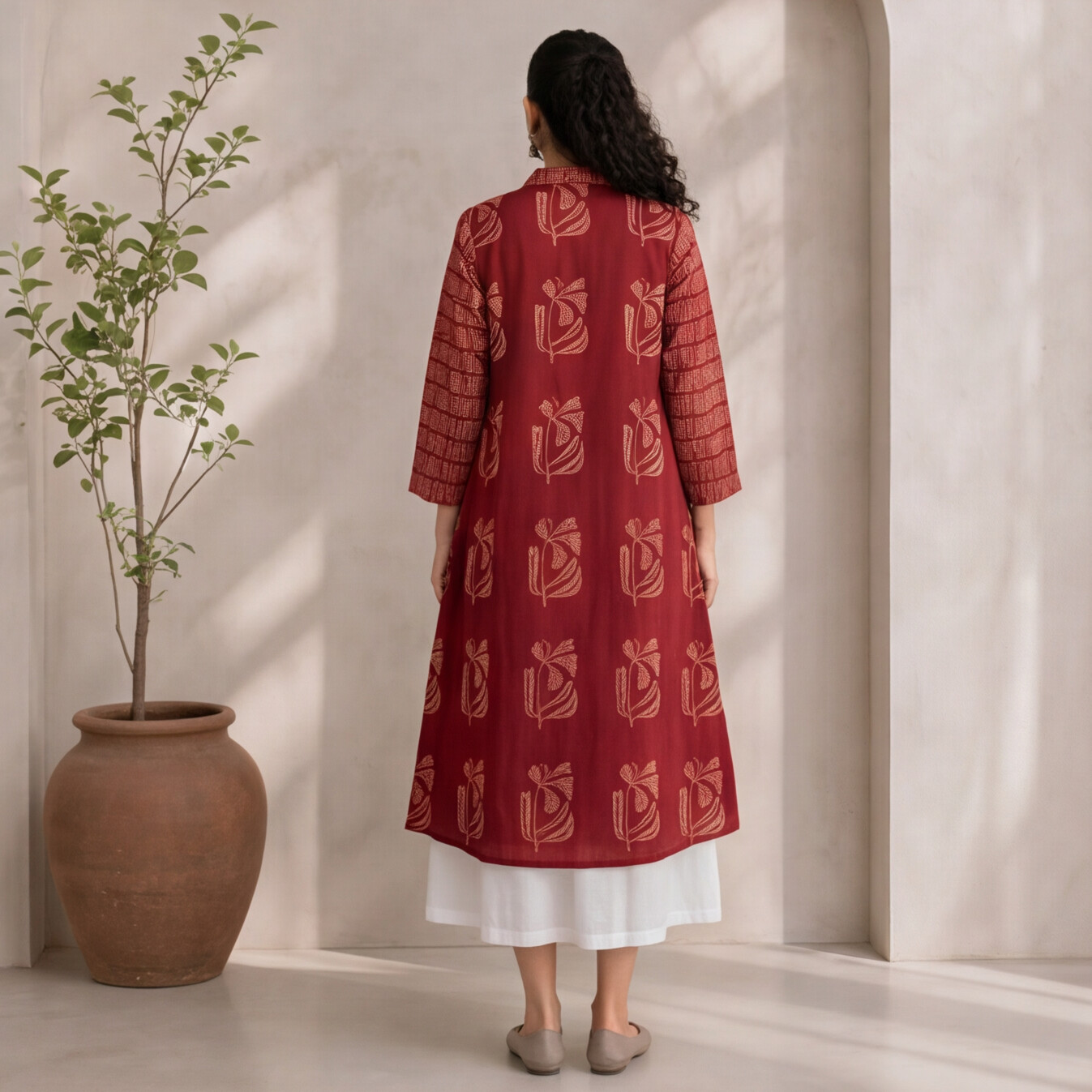 Women's Maroon Floral Printed Cotton Shirt Dress