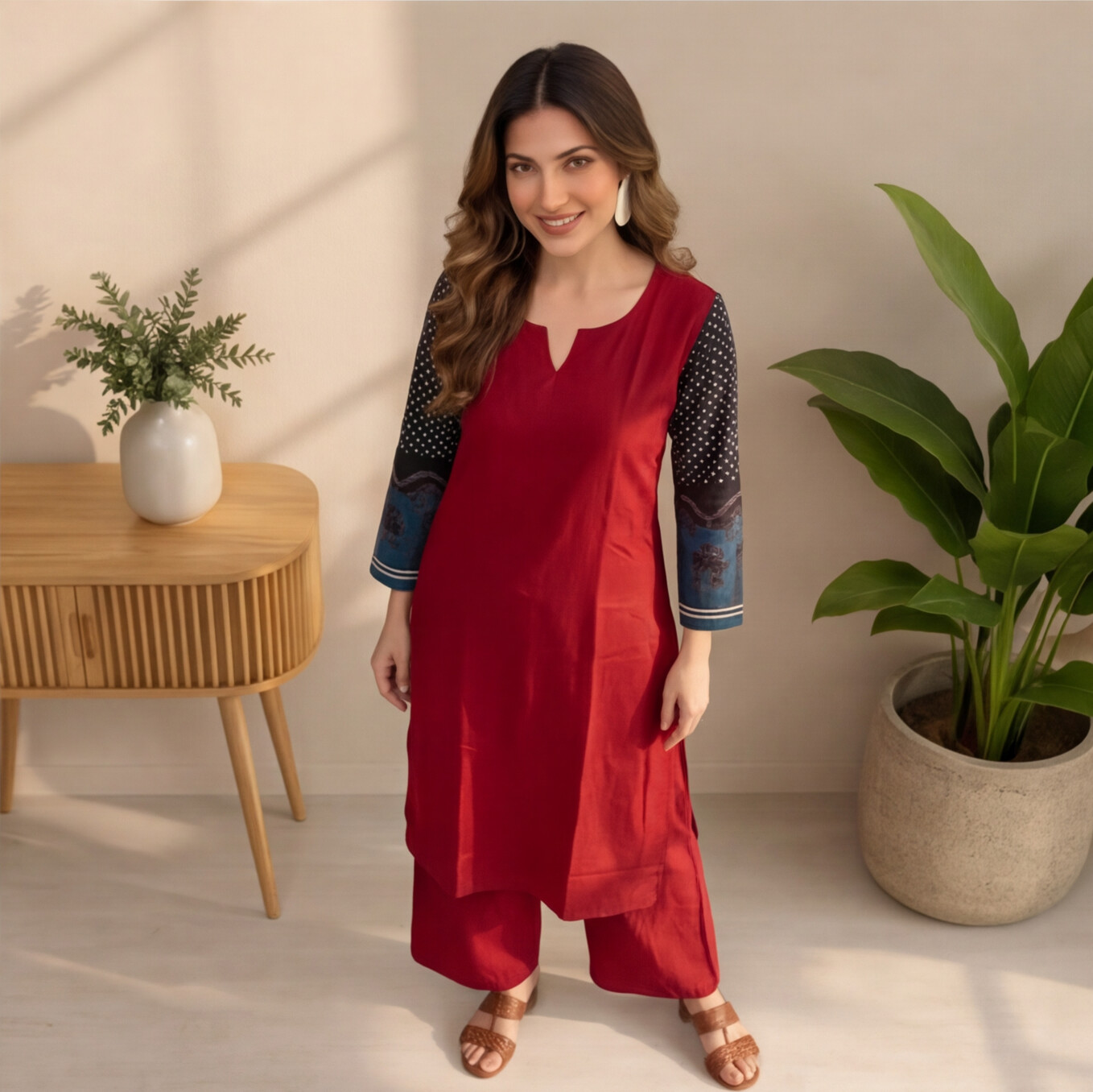 Women's Maroon Straight Kurta Set with Printed Sleeves
