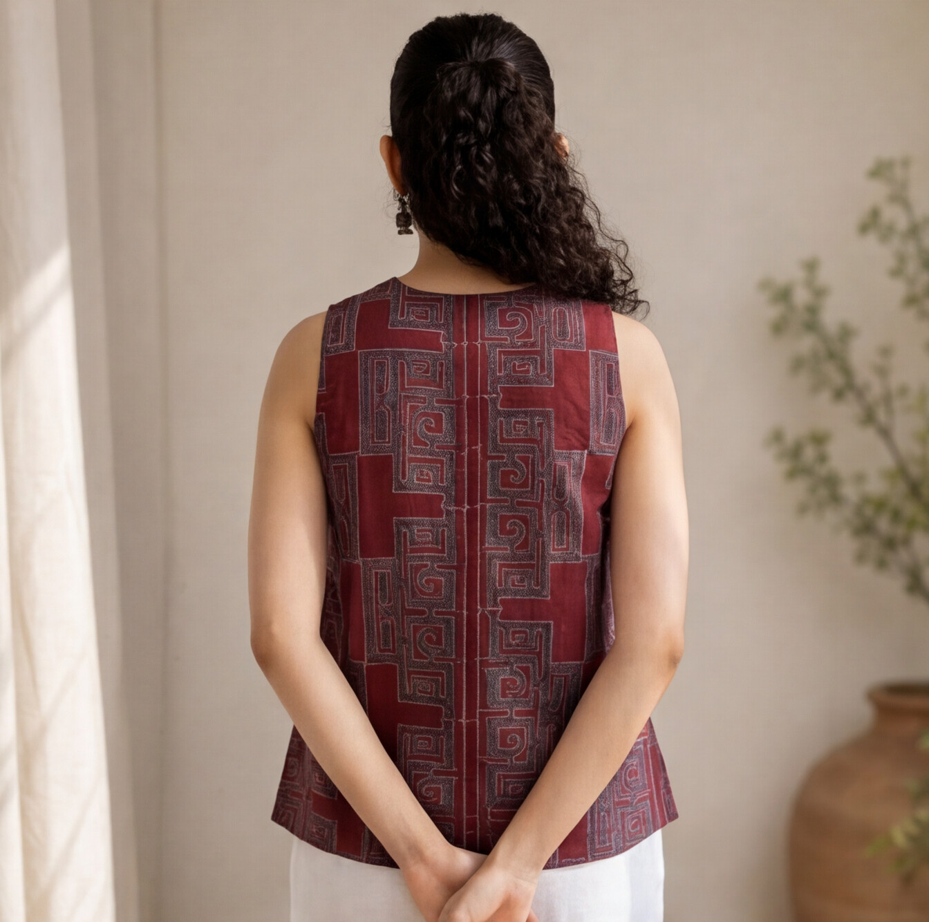 Women's Maroon Printed Sleeveless Cotton Top