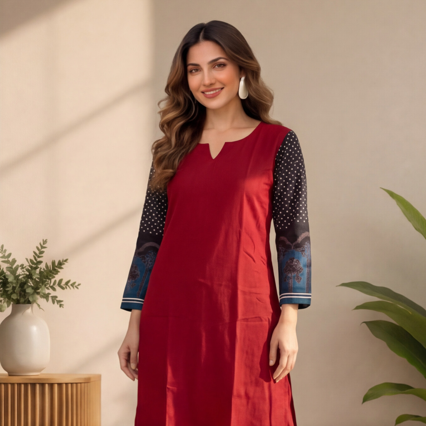 Women's Maroon Straight Kurta Set with Printed Sleeves
