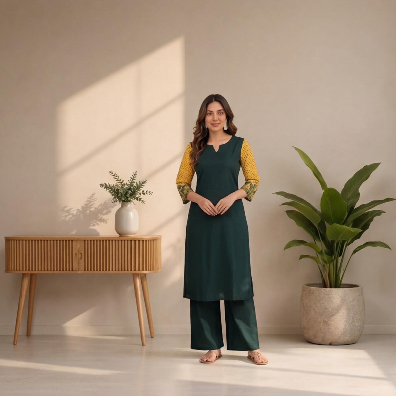 Women's Dark Green Straight Kurta Set with Mustard Printed Sleeves