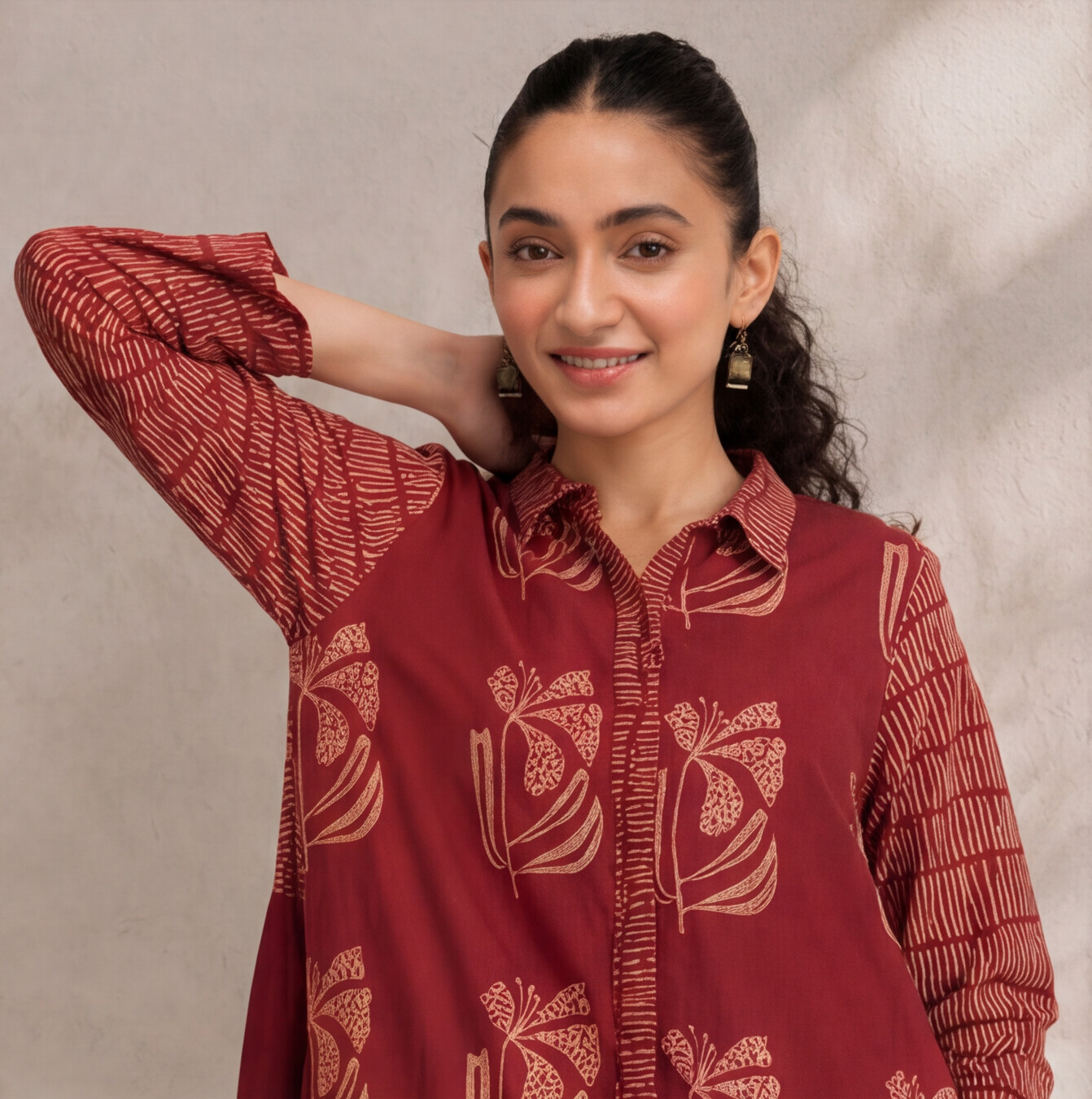 Women's Maroon Floral Printed Cotton Shirt Dress