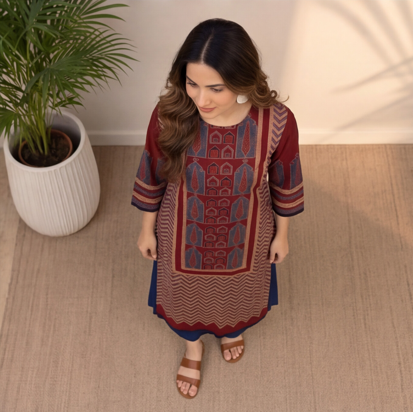 Maroon Geometric Printed Straight Kurta Set with Navy Blue Palazzo