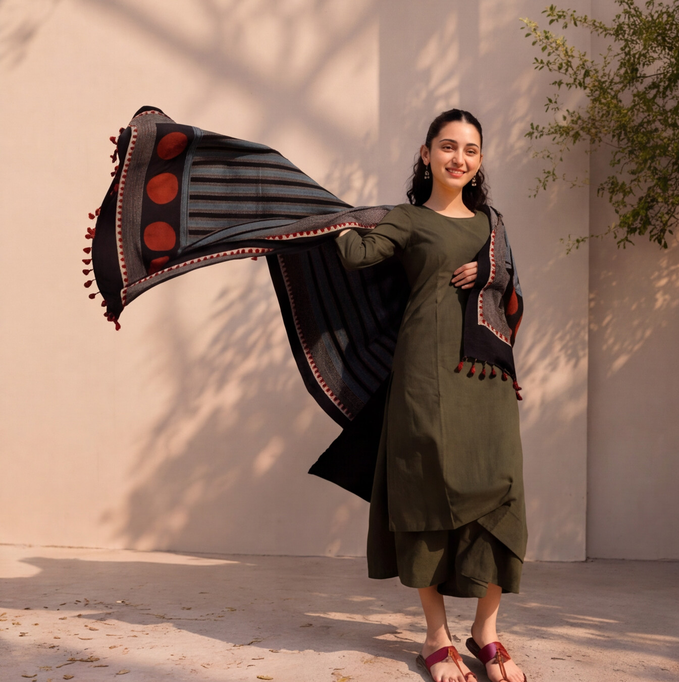 Women's Olive Green Cotton Kurta Set with Designer Dupatta