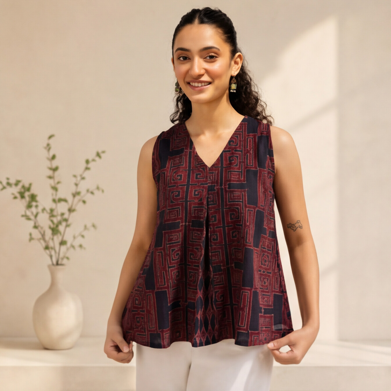 Women's Maroon Printed Sleeveless Cotton Top