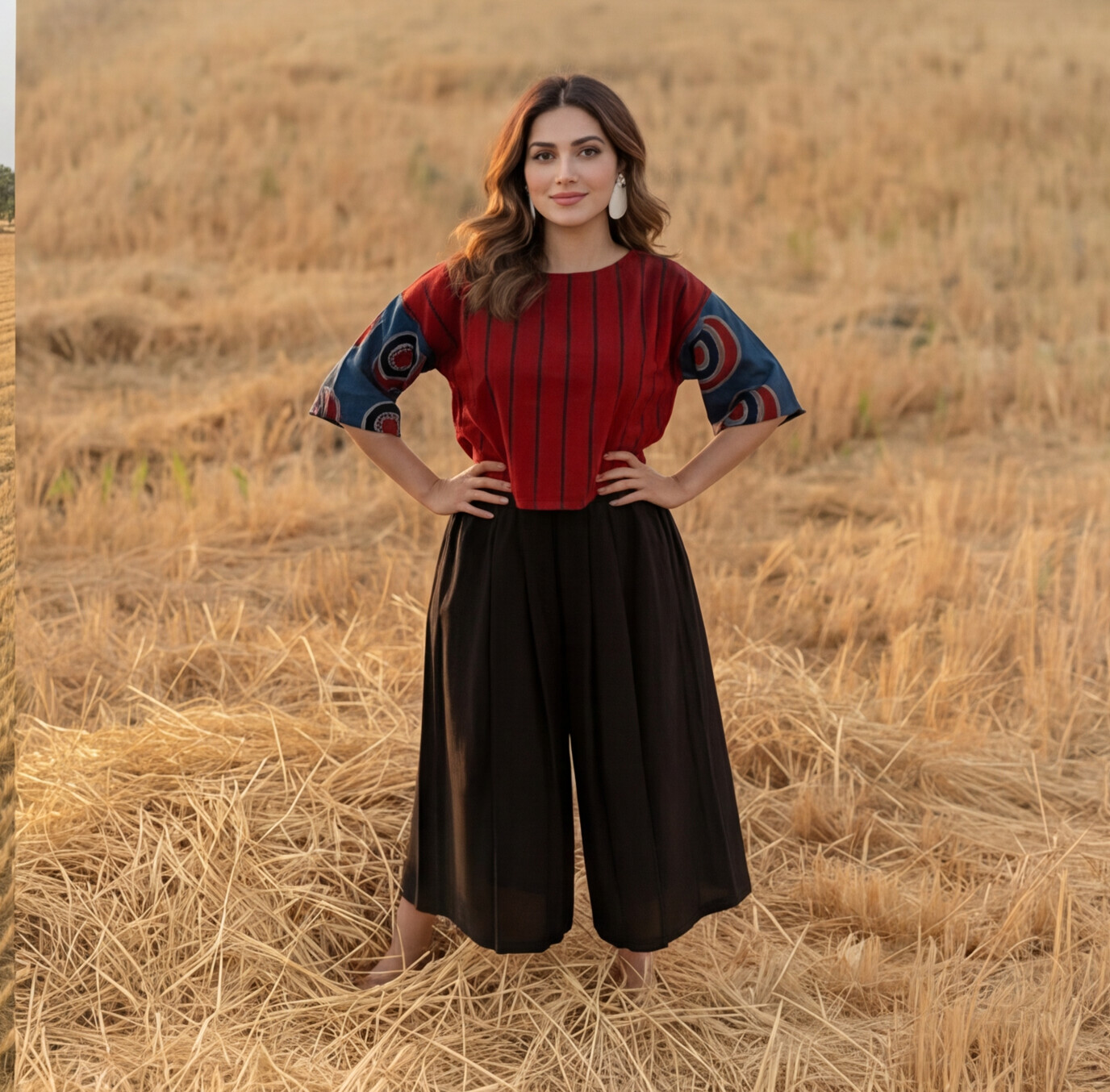 Women’s Red Striped Printed Top with Black Culottes Set