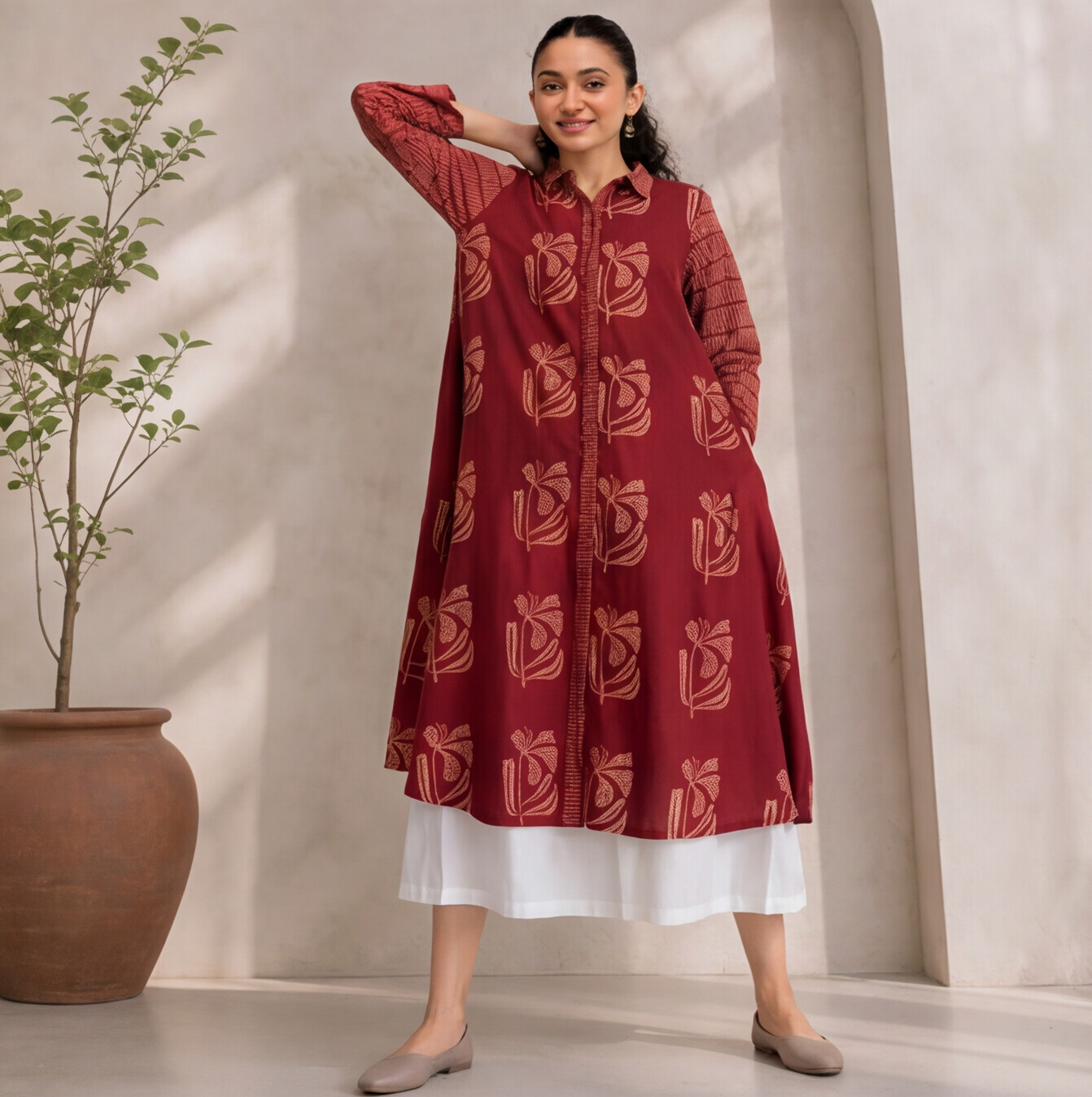 Women's Maroon Floral Printed Cotton Shirt Dress