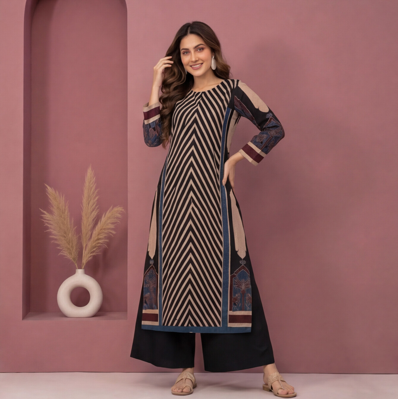 Black & Beige Chevron Printed Straight Kurta Set with Navy Blue Palazzo