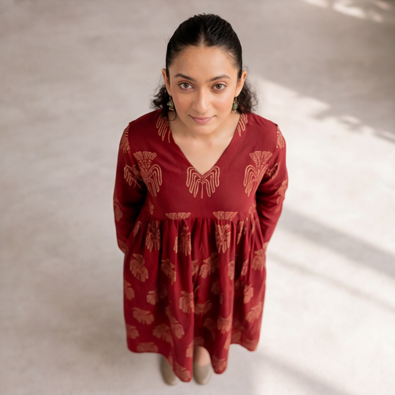 Women's Maroon Printed Cotton A-Line Dress