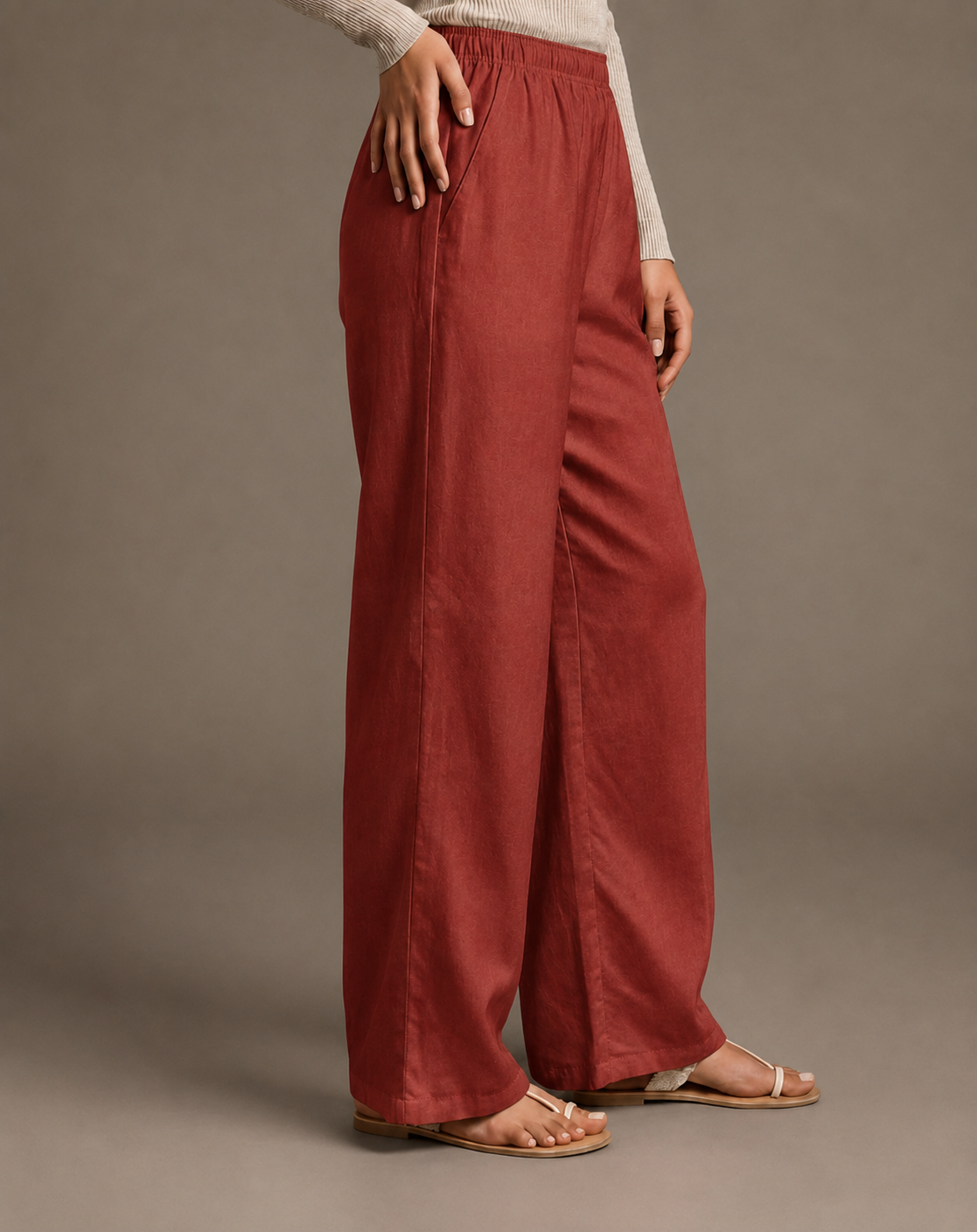 Women's Solid Brick Red Wide-Leg Pants