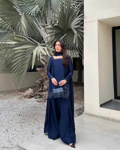 Presenting New Designer Collection In Natural Crep Silk Top-Bottom And Dupatta Set Fully Stitched Ready To Wear