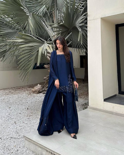 Presenting New Designer Collection In Natural Crep Silk Top-Bottom And Dupatta Set Fully Stitched Ready To Wear