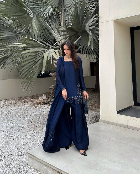 Presenting New Designer Collection In Natural Crep Silk Top-Bottom And Dupatta Set Fully Stitched Ready To Wear