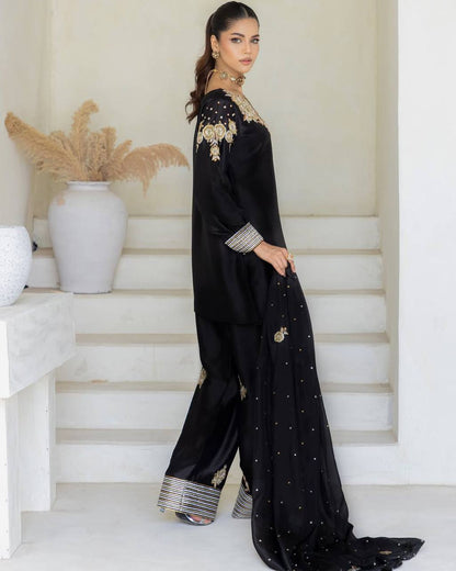EXCLUSIVE DESIGNER CRAPE SILK WITH SEQUANCE EMBROIDERY WORK SUIT WITH SALWAAR AND DUPATTA