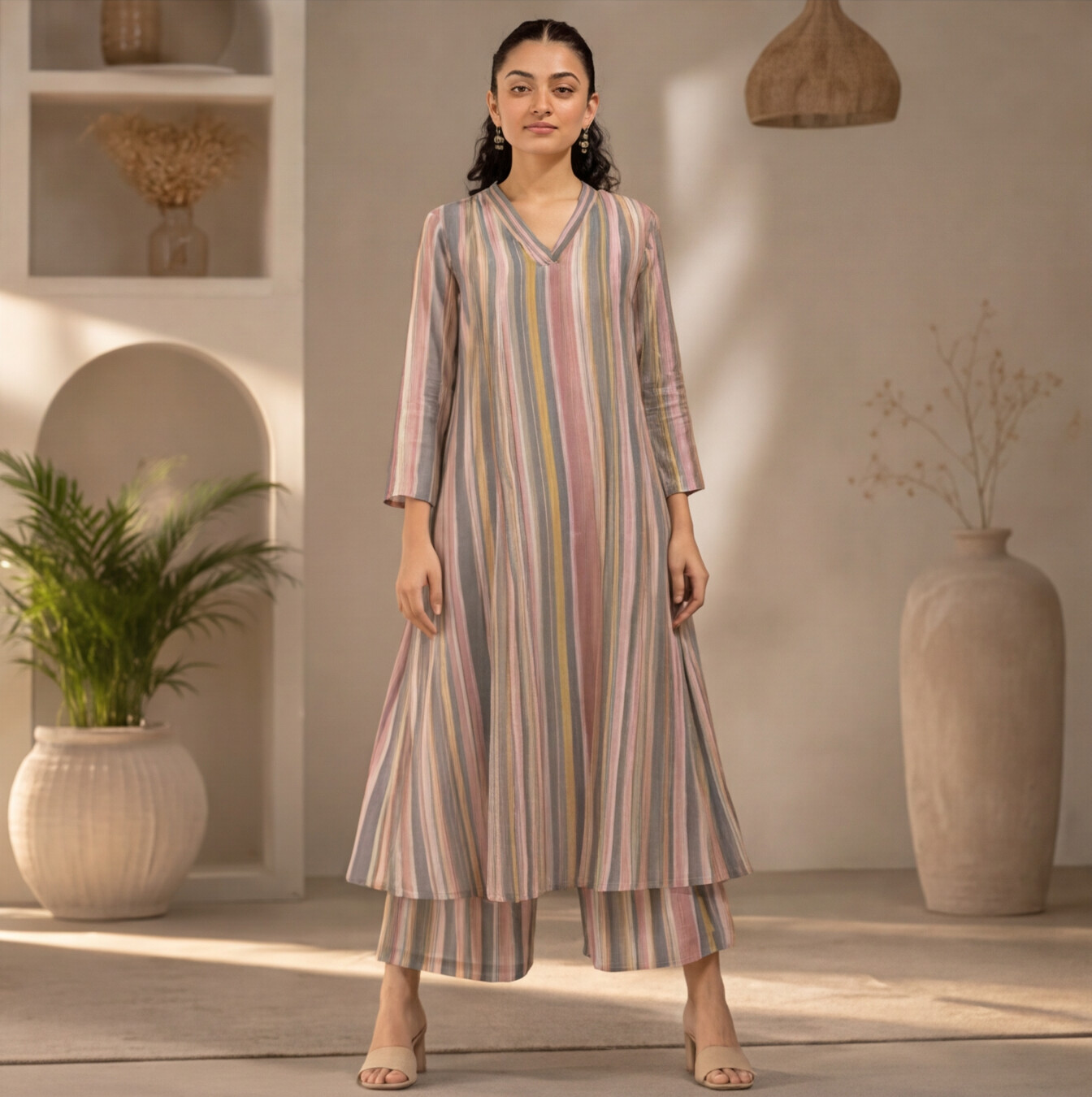 Women's Pastel Stripe A-Line Kurta Set