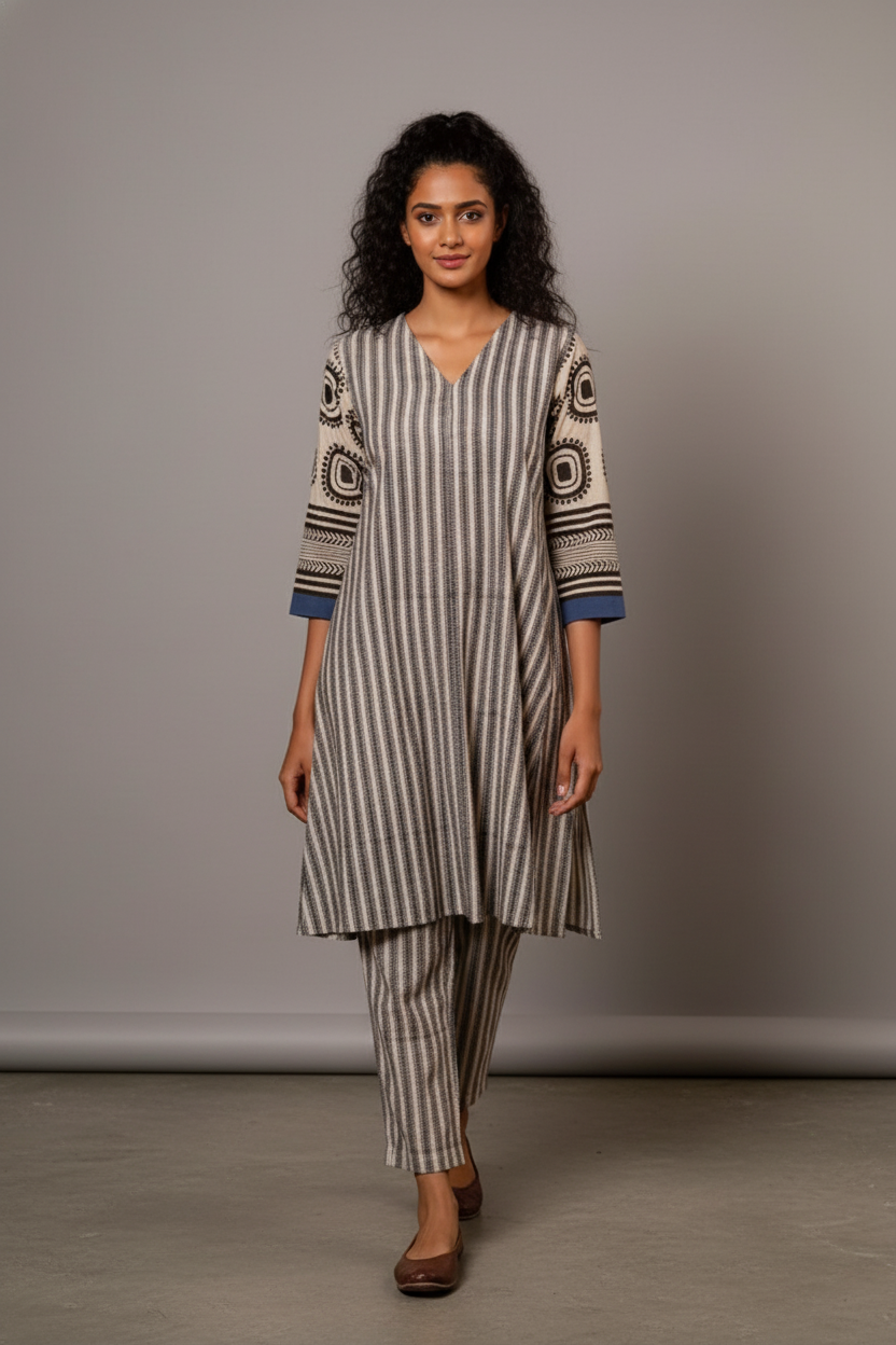 Embrace effortless sophistication with this contemporary striped kurta set
