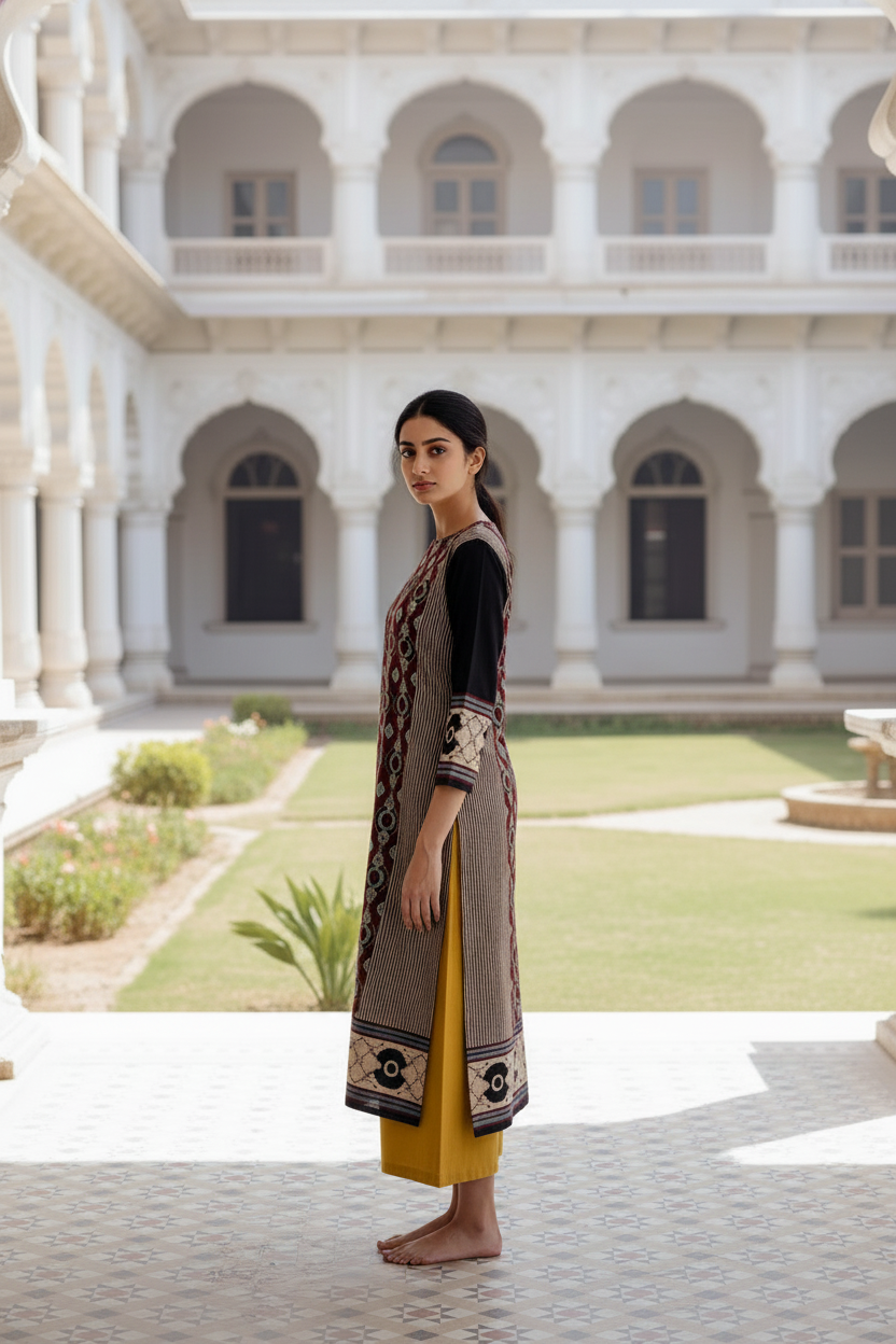 Women’s Printed Straight Kurta with Mustard Culottes