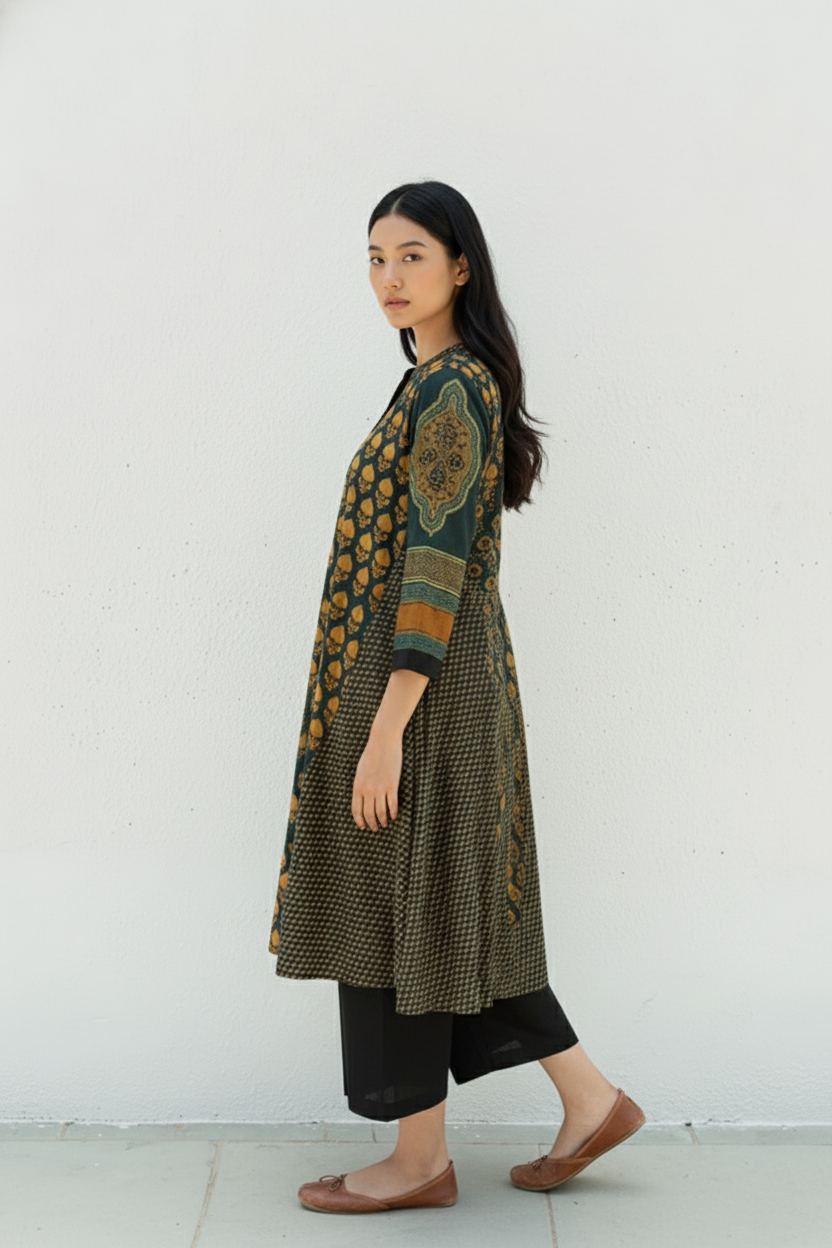 Green & Mustard Printed A-Line Cotton Kurta
