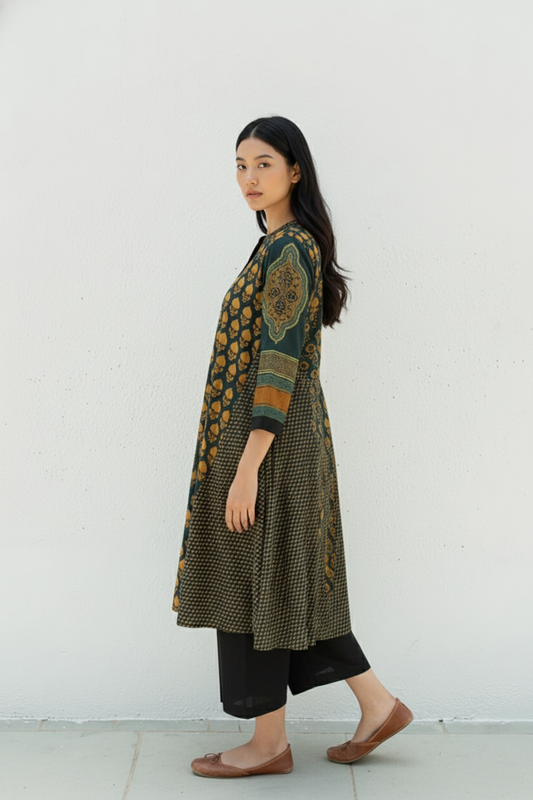 Green & Mustard Printed A-Line Cotton Kurta