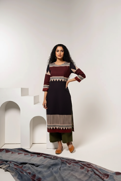 Maroon & Black Print Cotton Long Kurta