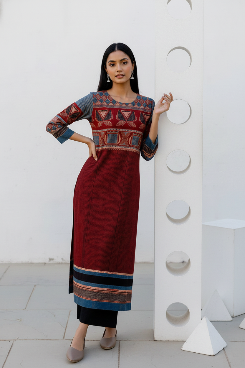 Maroon & Indigo Traditional Motif Print Cotton Kurta