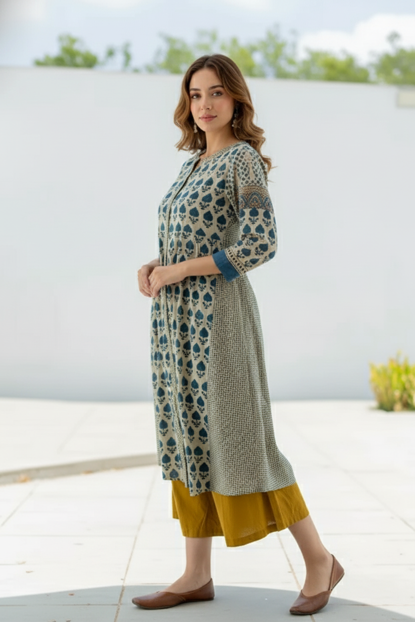 Beige & Indigo Floral Printed A-Line Cotton Kurta