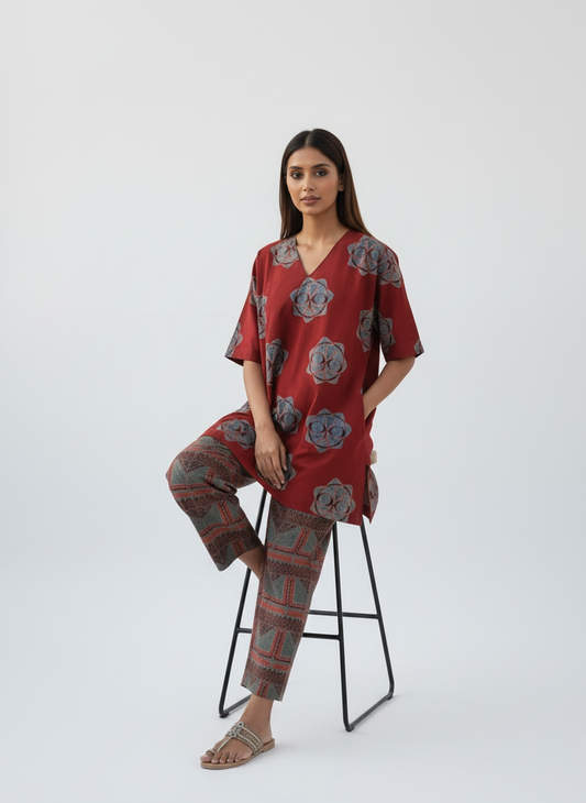 Printed Red Tunic & Pant Co-ord Set