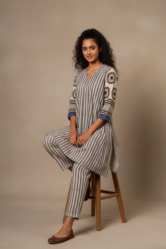 Embrace effortless sophistication with this contemporary striped kurta set