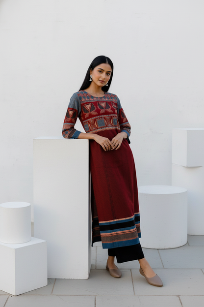 Maroon & Indigo Traditional Motif Print Cotton Kurta