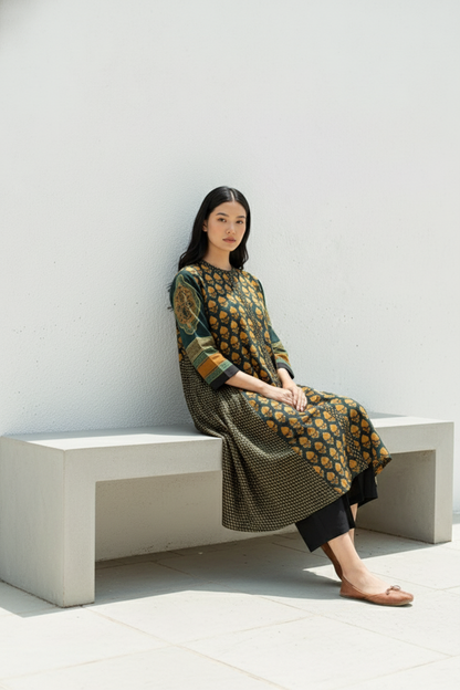 Green & Mustard Printed A-Line Cotton Kurta