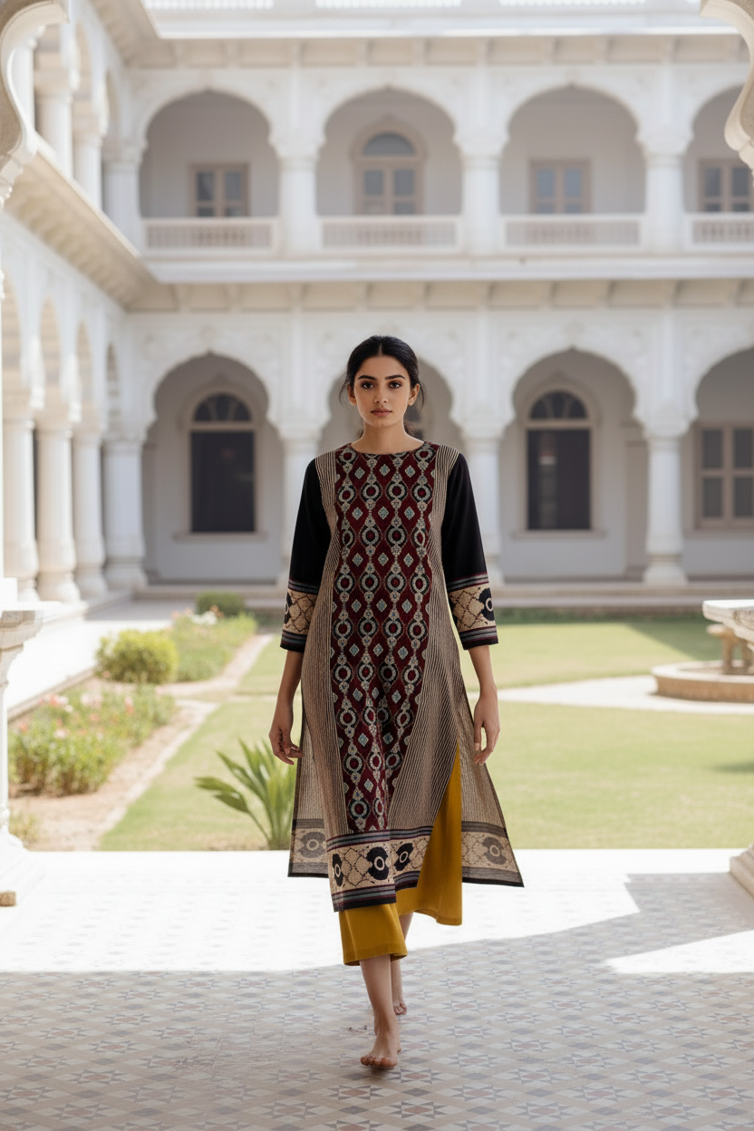 Women’s Printed Straight Kurta with Mustard Culottes