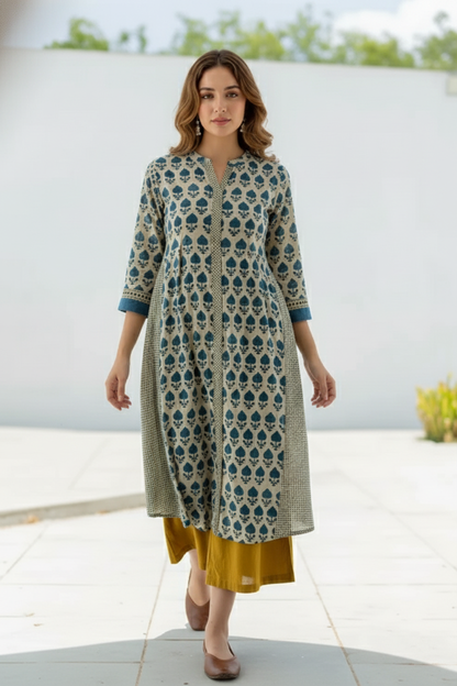 Beige & Indigo Floral Printed A-Line Cotton Kurta