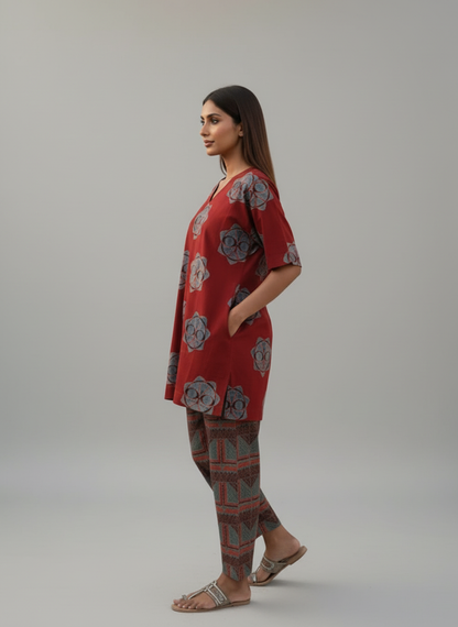 Printed Red Tunic & Pant Co-ord Set