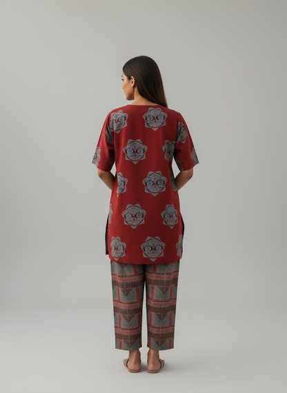 Printed Red Tunic & Pant Co-ord Set