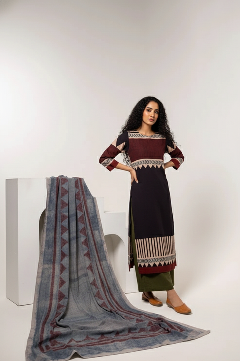 Maroon & Black Print Cotton Long Kurta