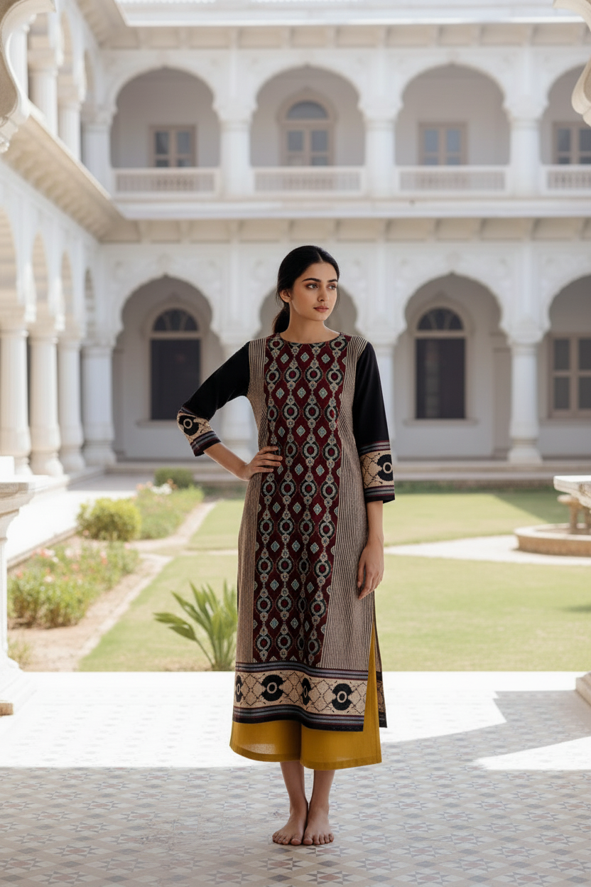 Women’s Printed Straight Kurta with Mustard Culottes