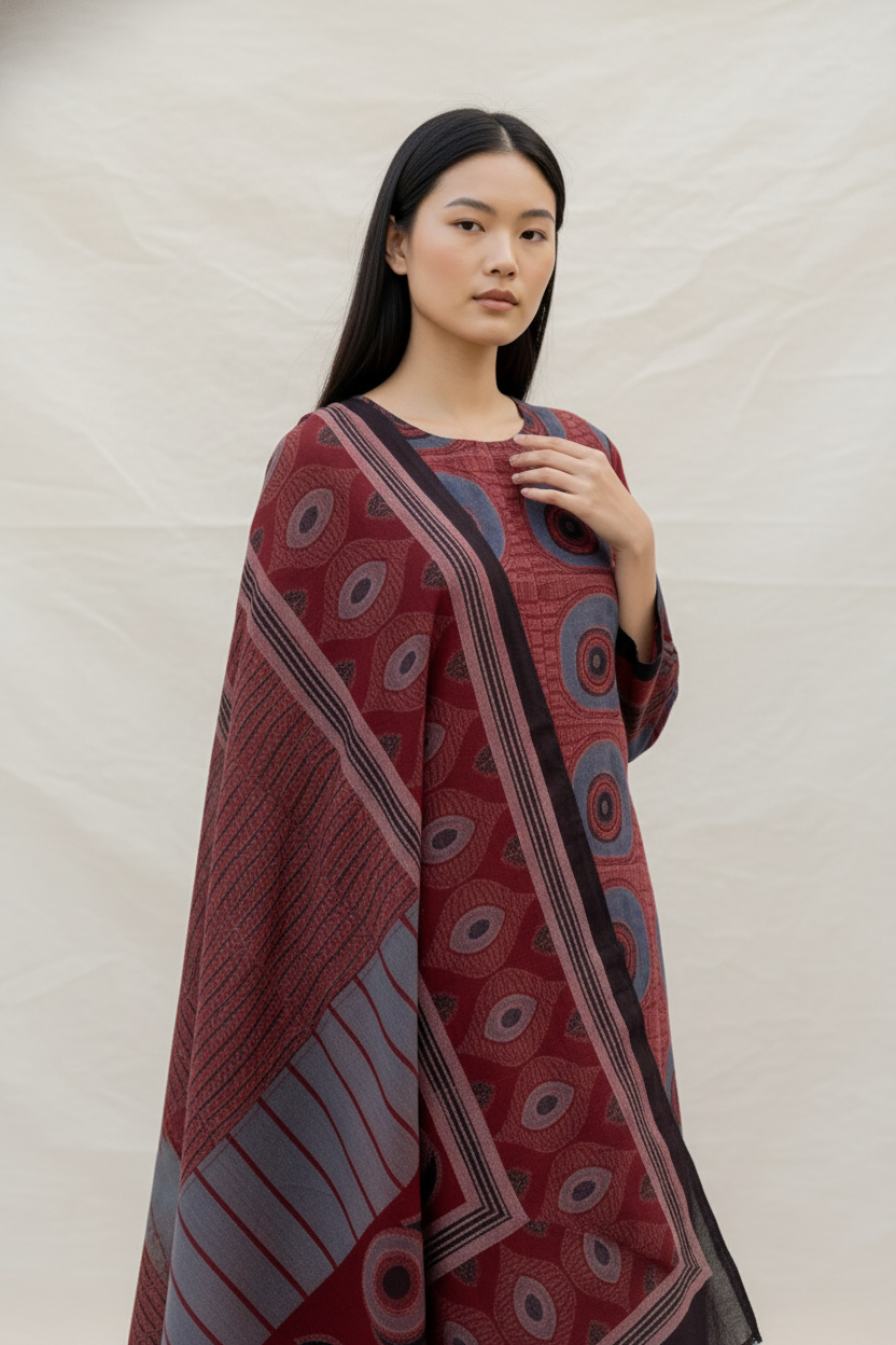 Maroon & Indigo Circular Motif Print Cotton Kurta With Dupatta