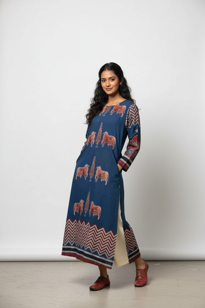 Navy Blue Pichwai Cow Print Cotton Straight Kurta