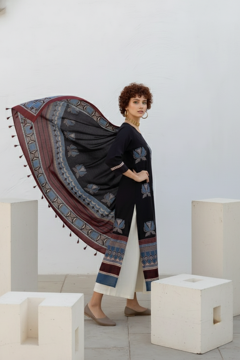 Black & Maroon Printed Cotton Kurta Set with Matching Dupatta and Cream Pants