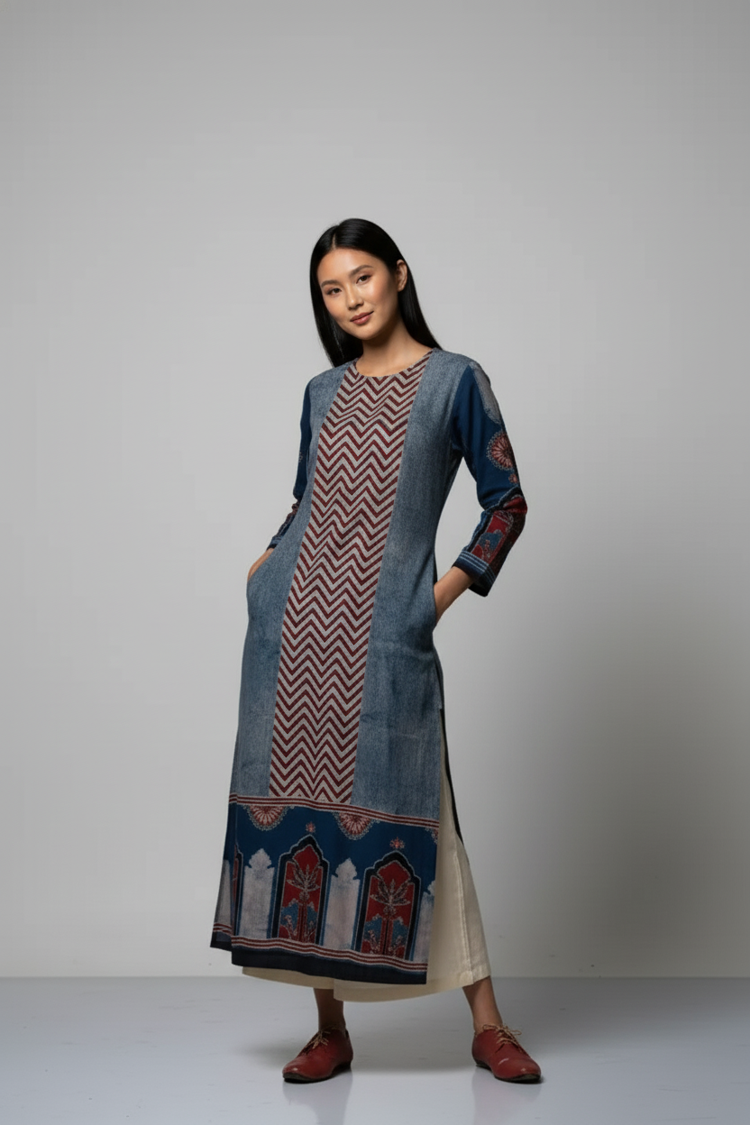 Indigo & Maroon Ajrakh Patch Panel Cotton Kurta