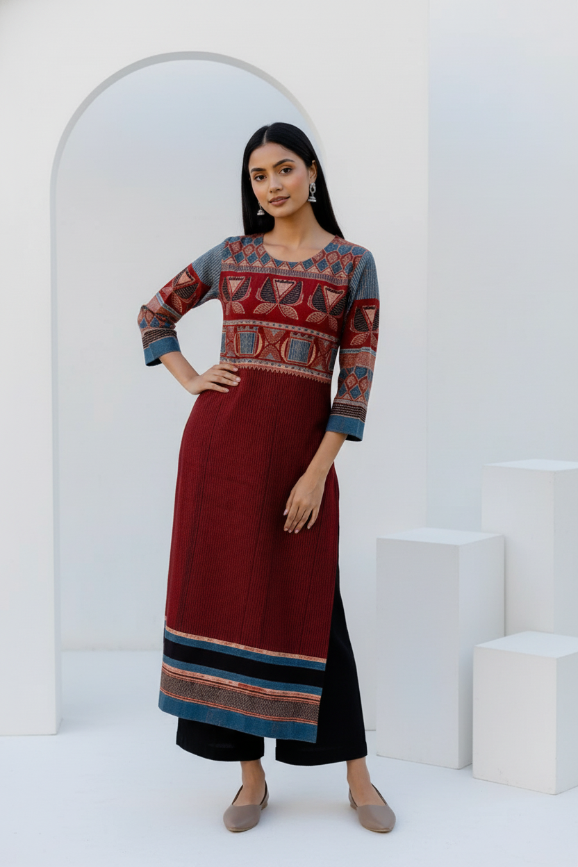 Maroon & Indigo Traditional Motif Print Cotton Kurta