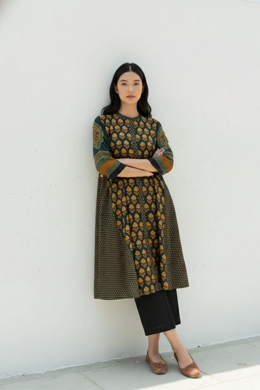 Green & Mustard Printed A-Line Cotton Kurta